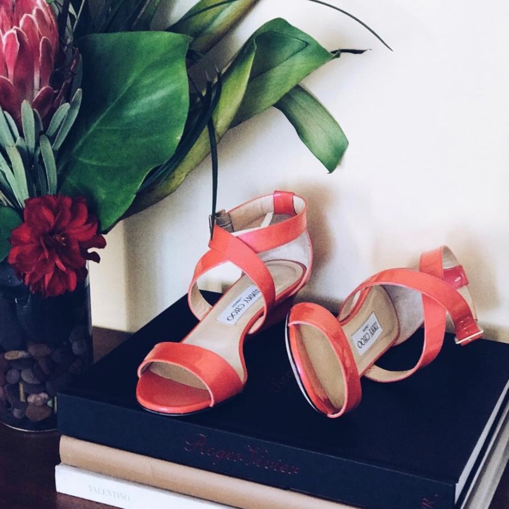 Jimmy Choo “Chiara” crisscross patent leather sandals, pink